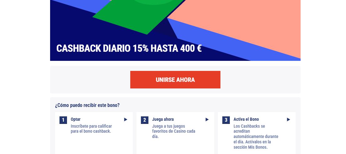 Obtén el cashback diario del 15% hasta 400 € inscribiéndote y jugando tus juegos favoritos cada día 