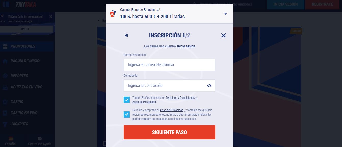 Regístrate en Tiki Taka Casino introduciendo tu correo y contraseña para obtener el bono de bienvenida de 500 € más 200 tiradas 