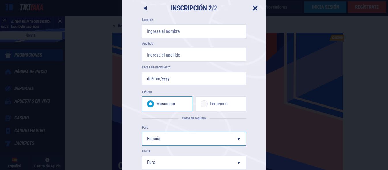 Completa tus datos personales de nombre, fecha de nacimiento y país para finalizar el registro en el casino