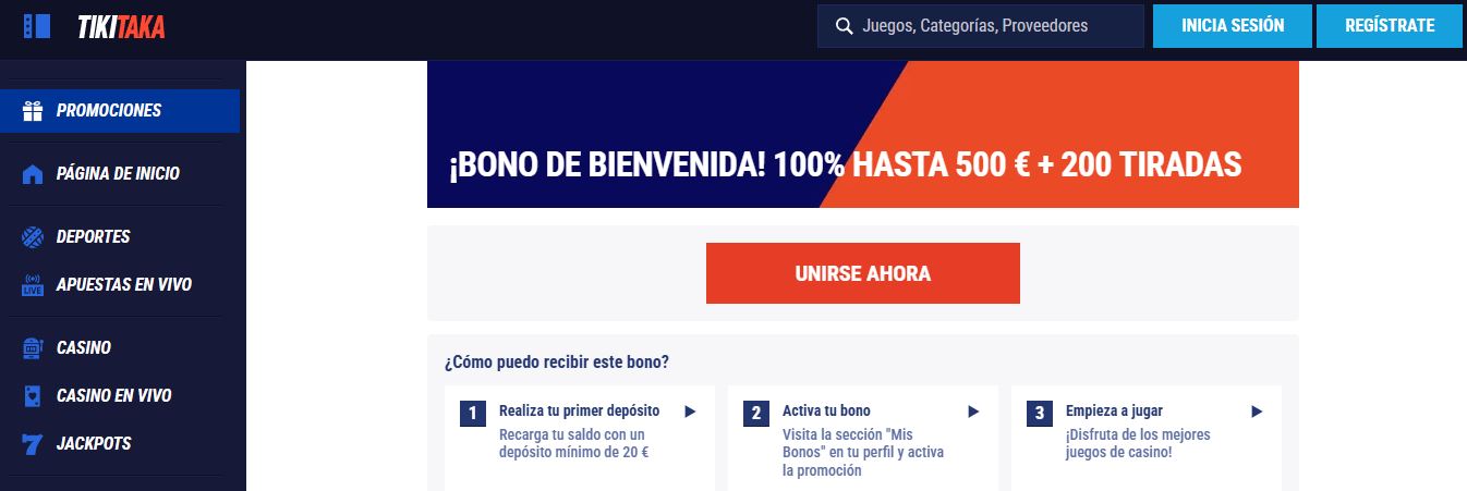 Visita la página de promociones de Tiki Taka Casino y reclama el bono de bienvenida del 100% hasta 500 € más 200 tiradas gratis